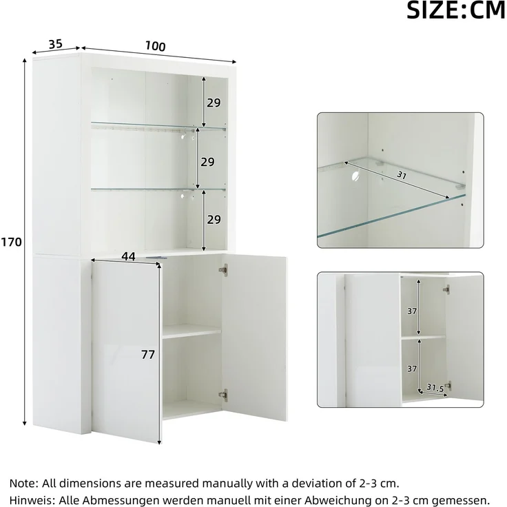 100 x 35 x 170 cm Sofa-Sideboard, Hochglanz-Aufbewahrungsschrank, Vitrinenschränke mit LED-Leuchten, Displayschicht aus gehärtetem Glas, Vertikaler Hochschrank fürs Wohnzimmer--Weiß--100x35x170cm--YOUDENOVA – Bild 5
