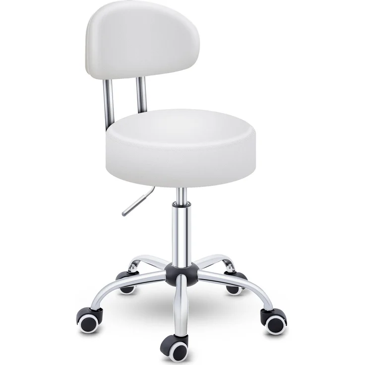 TRESKO® Rollhocker mit Lehne Weiß | Arbeitshocker höhenverstellbar 47-60 cm | Drehhocker mit Rollen | Bürostuhl Hocker Drehstuhl Kosmetikhocker – Bild 1