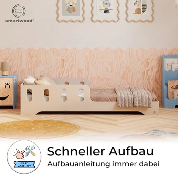 smartwood Kinderbett 140x200 cm in Kaschmir - Montessori Bodenbett mit Rausfallschutz & Lattenrost - Aus handbemaltem Sperrholz - Sicher für Jungen und Mädchen - Einfache Montage - TILA 6 – Bild 5