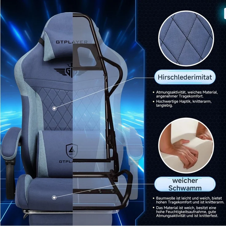 GTPLAYER Gaming-Stuhl Stoff Gaming Chair Ergonomisch Bürostuh PC Stuhl, 150kg Belastbarkeit, Schreibtischstuh mit Federsitzkissen und Fußstütze – Bild 3