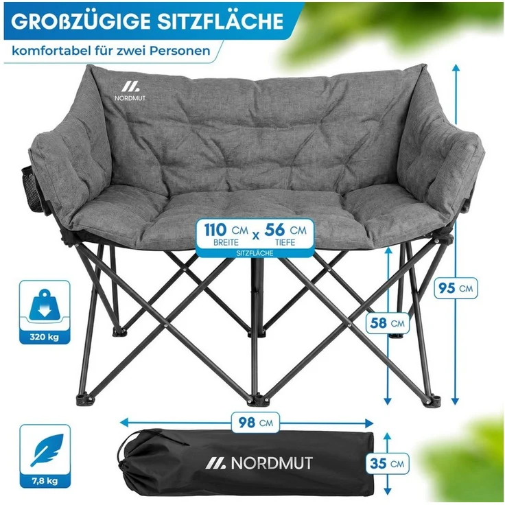 Nordmut Campingstuhl Campingsofa Klappbar 2 Personen 360 kg gepolstert mit Tragetasche (bis 360 kg belastbar mit Stahl Aluminium Rahmen), wetterfest klappbar mit Tragetasche & Seitentaschen – Bild 2