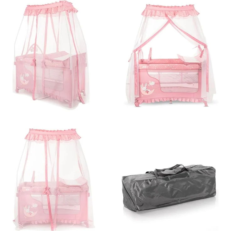 Lorelli Reisebett Magic Sleep 2 Ebenen Baldachin Mobile Wickelauflage faltbar rosa Sterne – Bild 2