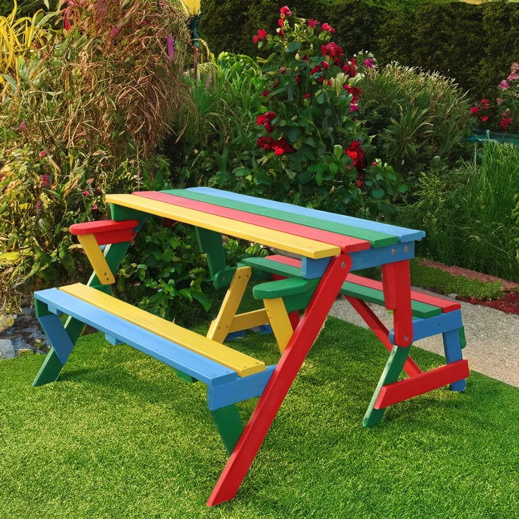 HABAU Kinderpicknickbank 2-in-1 aus Holz, klappbar, Rot / Grün / Blau / Gelb, 100 x 50 x 62 cm – Bild 5
