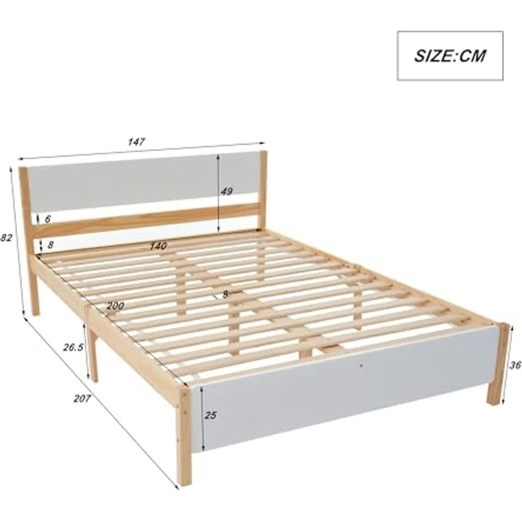 Ball & Cast Massivholzbett (140x200 cm) mit Kopf- und Fußteil aus MDF, Holzbett mit Lattenrost, ohne Matratzen, EStabil & Rauschlos, Weiß+Natur – Bild 2