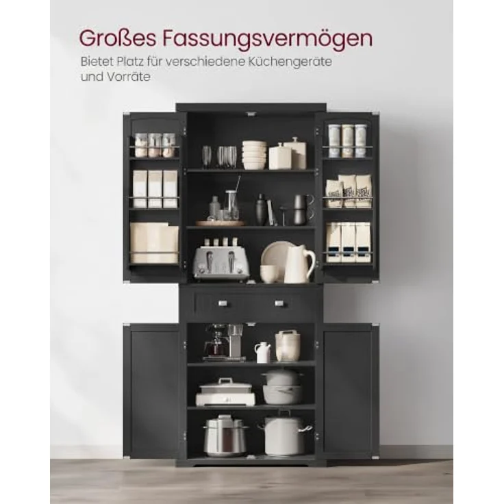 VASAGLE Küchenschrank, Schrank mit Schublade, Mehrzweckschrank freistehend, Ober- und Unterschrank, 4 verstellbare Ablagen, 6 Türfächer, Wohnzimmer Küche, 40 x 76 x 182,1 cm, tintenschwarz BBK561B01 – Bild 4