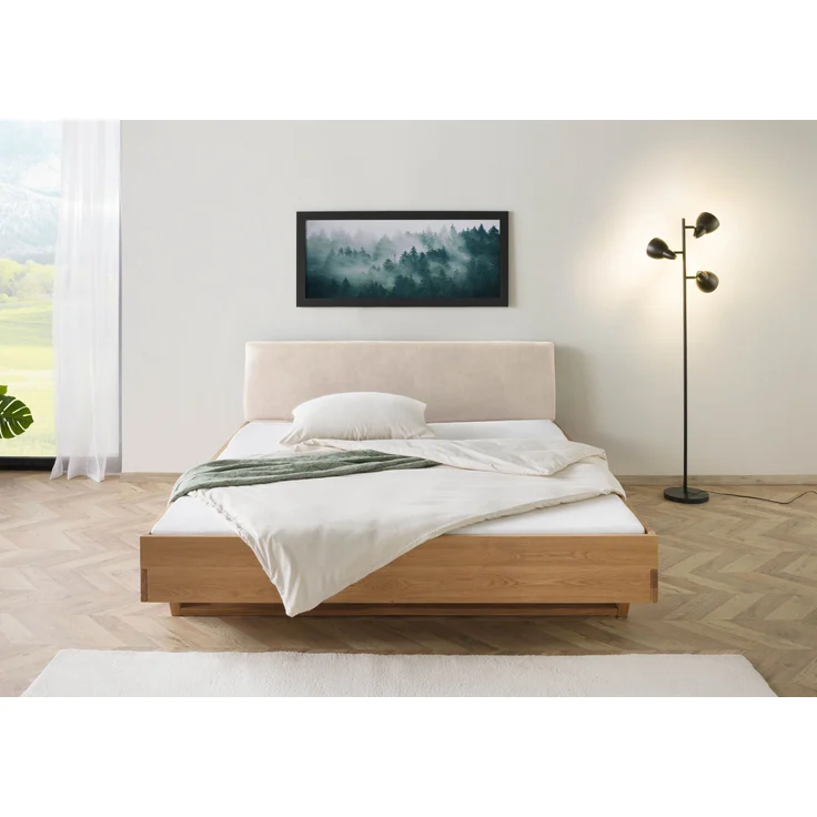 Bett Eiche 140x200x85 natur geölt, Kopfteil beige FICHTELBERG #125 – Bild 9