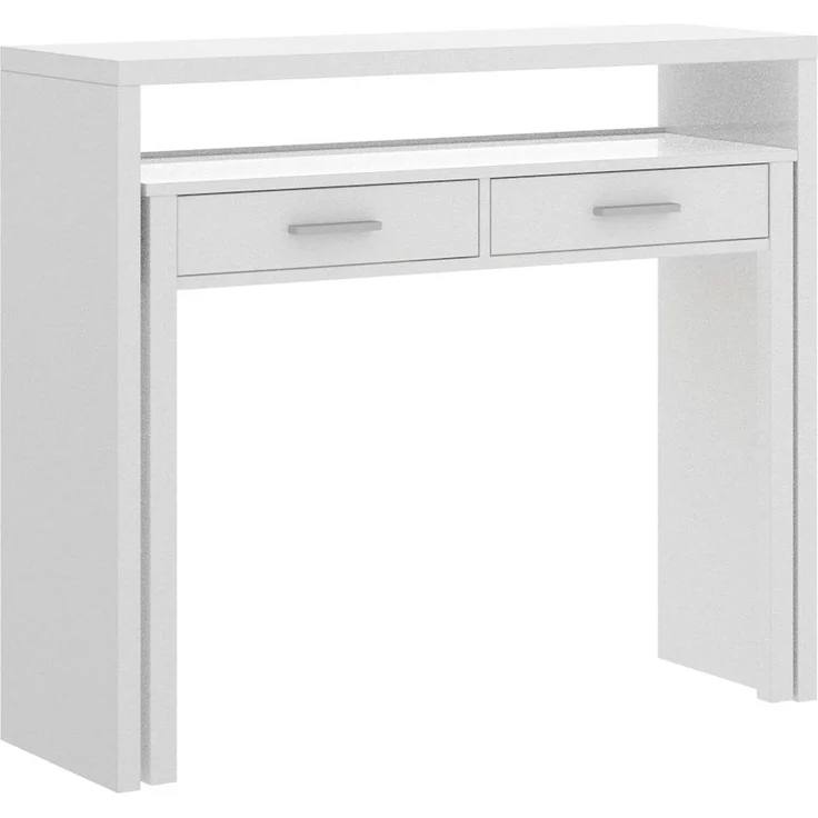 Dmora - Schreibtisch Losetta, Multipositionsschreibtisch mit ausziehbarer Platte, lineare Arbeitskonsole mit 2 Schubladen, 99 x 70 x 88 cm, Weiß – Bild 3