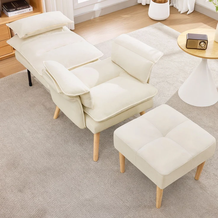 Merax Relaxsessel mit Hocker, 5-fach verstellbarer Liegesessel, gepolsterter Lesesessel & Fernsehsessel mit Kopf- und Armlehnenkissen, Polstersessel mit Holzbeinen, Beige – Bild 3