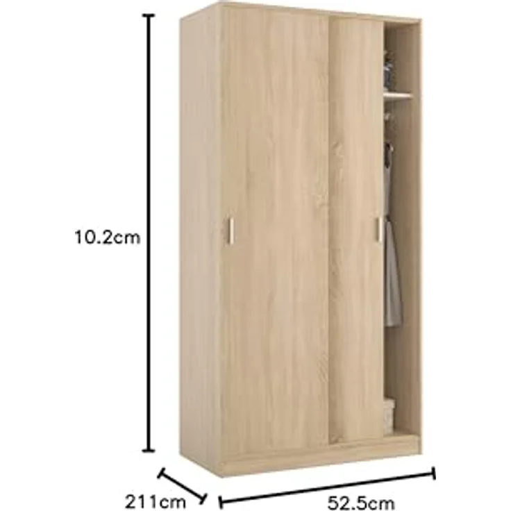 Kleiderschrank mit zwei Schiebetüren mit Kleiderstange und einem Innenregal, Eichenfarbe, Maße 100 x 200 x 50 cm – Bild 8