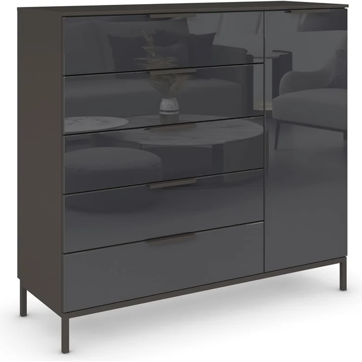 Rauch Möbel Flipp, Kommode mit Stauraum für Wohnzimmer, Schlafzimmer, 2 Fachböden, mit Metallkufe graphit, Graphit/Glasfront Basalt, 1-türig, 5 Schubkästen, Griffe graphit, 120 x 111 x 42 cm