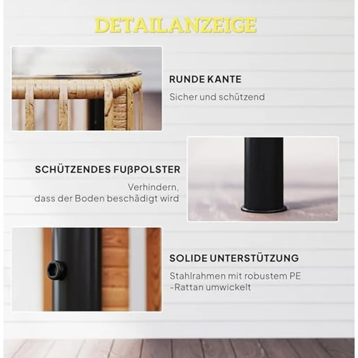 Outsunny Gartentisch aus Polyrattan, mit Glasplatte (quadrarischer Terrassentisch, 1-St, wetterfest Beistelltisch), 65 x 65 x 43 cm, für Garten, Terrasse, Balkon Naturholz – Bild 7