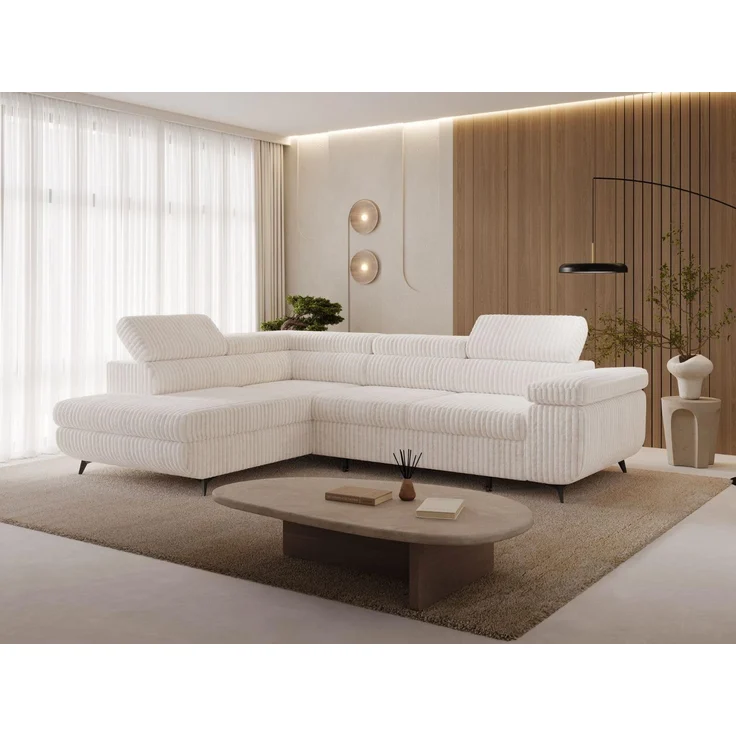 GRAINGOLD Ecksofa ARGON mit Bettfunktion, Bettkasten, Einstellbaren Kopfstützen, Cord-Stoff, Creme, Links – Bild 3
