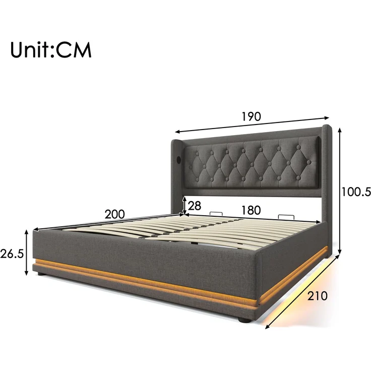 EINHOM Polsterbett Einzelbett 180 x 200 cm, Grau Baumwolle-Material Hydraulisches Stauraumbett, Gepolstertes Kopfteil mit USB Typ-C Ladefunktion, 3-Seitige LED-Funktion, (Ohne Matratze) – Bild 2