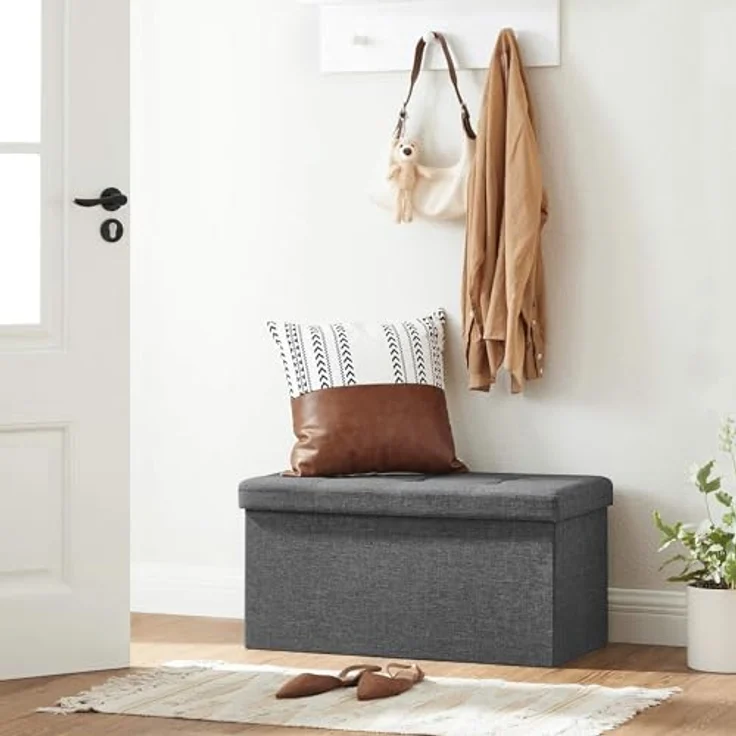 Songmics Sitzbank mit Stauraum, Sitztruhe, Sitzhocker, Aufbewahrungsbox, Fußablage, faltbar, belastbar bis 300 kg, 80 L, 76 x 38 x 38 cm, Leinenimitat, dunkelgrau LSF47K – Bild 7