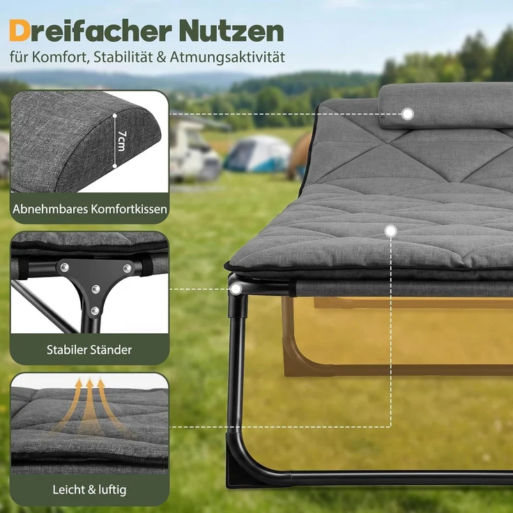 Sekey 6-Fach Verstellbar Campingbett 190 cm Feldbett Klappbar mit Matratze und befestigbarem Kopfkissen, Grau – Bild 4
