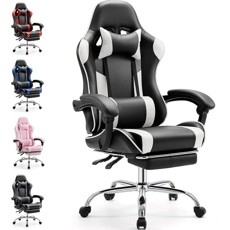 DUMOS Gaming-Stuhl Ergonomischer Bürostuhl mit Fußstütze, PU-Leder E-Sportstuhl, Gepolstert mit verstellbare Lendenkissen, Kopfkissen und Armlehnen – Bild 1