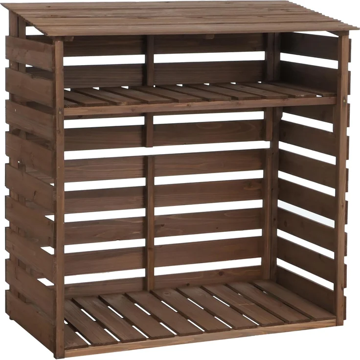 Brennholzlager HWC-Q16, Kamin-/Feuerholzregal Holzlager Holzunterstand, Ablage Holz Tanne FSC® 121x122x61cm ~ dunkelbraun – Bild 9
