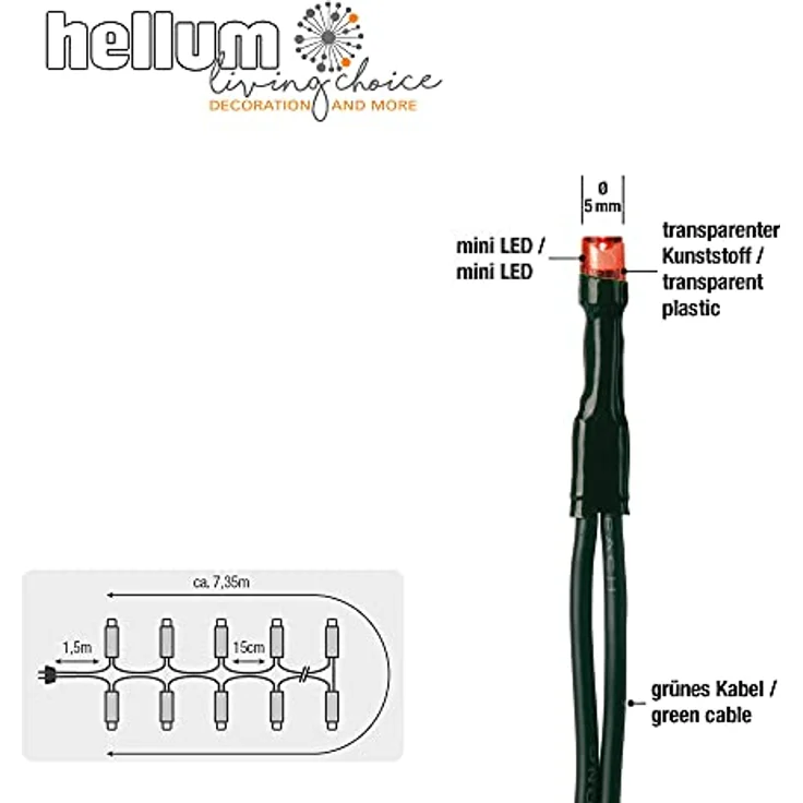 hellum LED Mini Lichterkette Innen, 50 bunte LED, 735cm beleuchtete Länge, mini lichterkette bunt innen mit Stecker, für Weihnachtsbaum oder Partybeleuchtung, 577594 – Bild 5