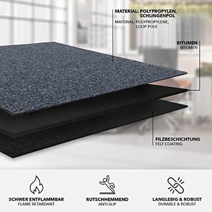 KARAT Teppichfliesen Moskau 50x50 cm selbstliegend - 48 Stück Set - 12m² - strapazierfähiger Teppich Bodenbelag mit hochwertigem Schlingenflor für Haus & Büro - antistatisch mit Bitumen Rücken - Blau – Bild 5