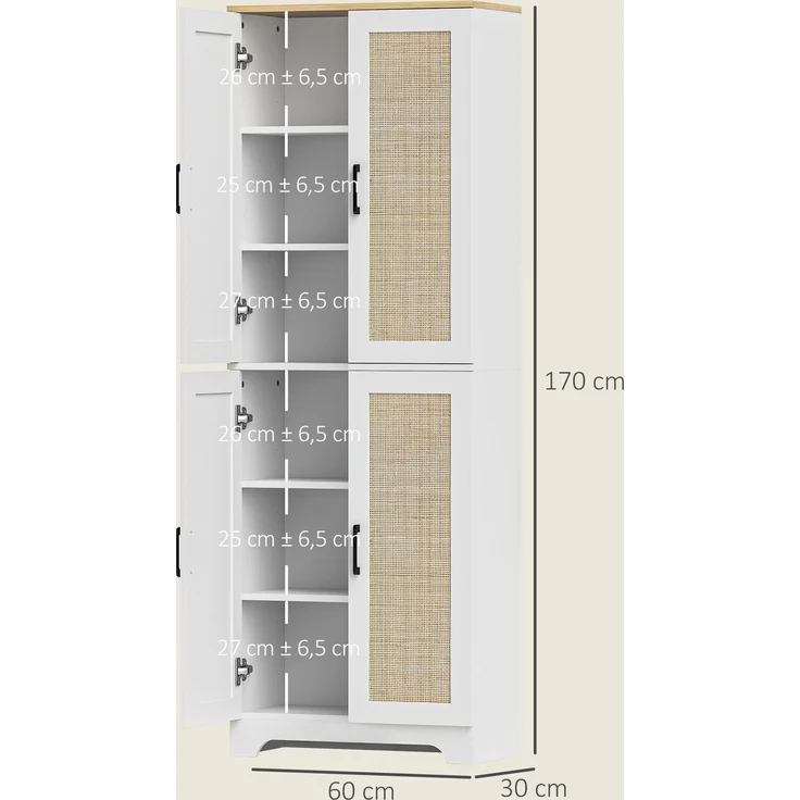 MELAYR, Küchenschrank mit verstellbaren Regalen, Rattantüren und Kippschutzsystem, 60 x 30 x 170 cm, Weiß – Bild 5