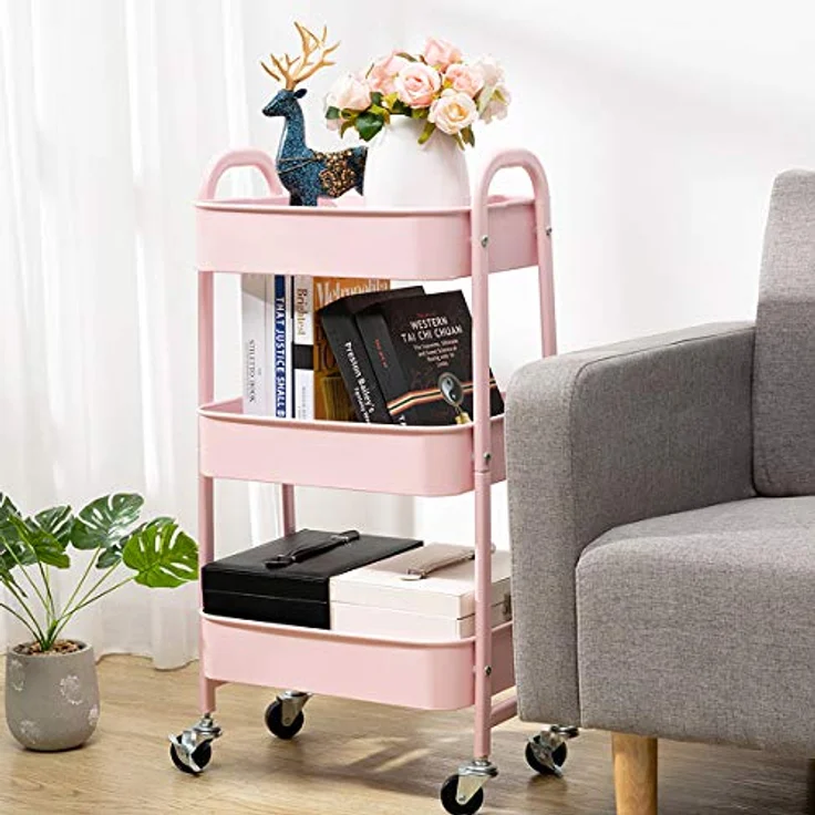 DOEWORKS Rollwagen Metall Servierwagen mit Rollen 3 Etagen Küchenwagen Bastelwagen Rollwagen Küche Aufbewahrungswagen für Wohnzimmer Schlafzimmer Badezimmer Büro, Rosa – Bild 4