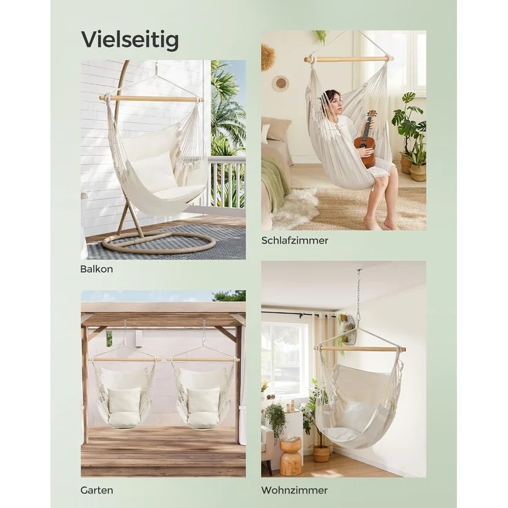 SONGMICS Hängesessel, Hängeschaukel, Hängestuhl mit 2 Kissen, Metallkette, bis 150 kg belastbar, Indoor und Outdoor, Wohnzimmer, Schlafzimmer, cremeweiß GDC187M01 – Bild 6