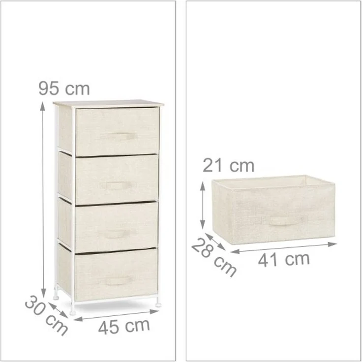 Relaxdays Regalsystem, 4 Schubladen, Metall & Holz weiß / Stoff beige, 95 x 30 x 45 cm – Bild 4