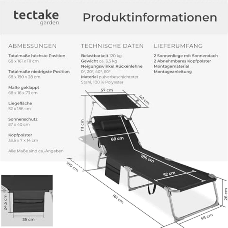 tectake® 2er Set Sonnenliege klappbar und tragbar, Liege mit Seitentasche, Strandliege, Gartenliege mit Dach, Liegestuhl mit Verstellbarer Rückenlehne, Kopfkissen - für Balkon, Terrasse (schwarz) – Bild 3