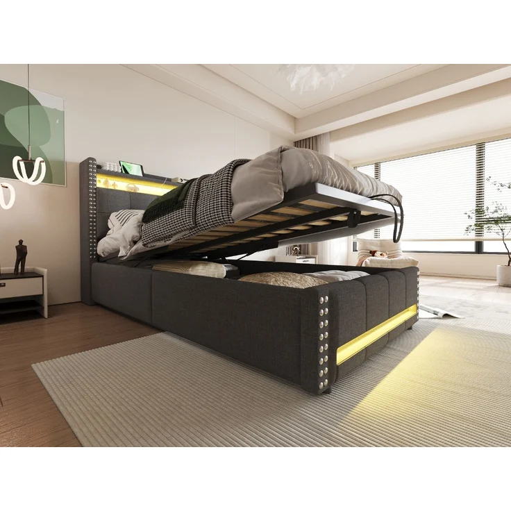 Polsterbett 90x200 cm aus Leinen mit LED-Beleuchtung und Hydraulik-Bettkasten – integrierte USB-Steckdose – Bild 6