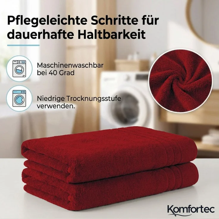 Komfortec Badetuch 100x200 cm aus 100% Baumwolle, Saunatuch XXL, Weich, Groß, Frottee, Schnelltrocknend, Rot – Bild 3