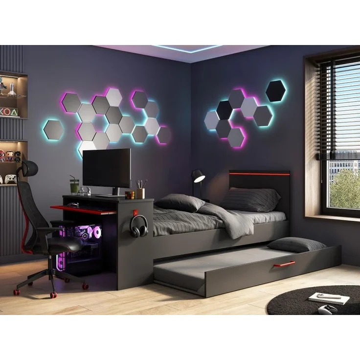 Vente-unique - VOUANI Bett Holz, Platte Grau - B 98,7 cm x H 100,5 cm x L 242,8 cm – Bild 4