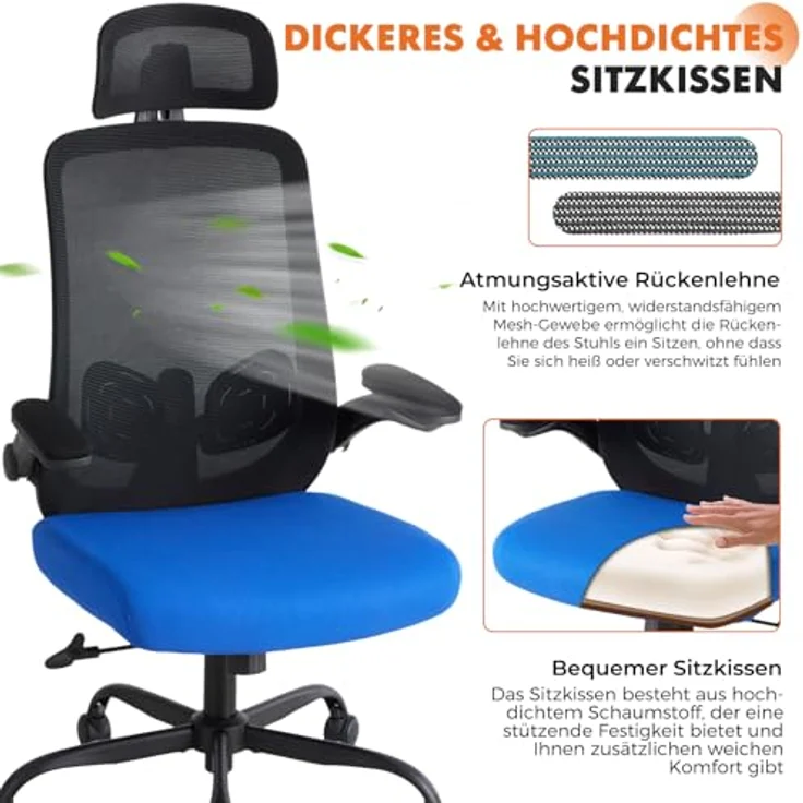 Sweetcrispy Ergonomischer Bürostuhl mit Kopfstütze & verstellbaren Armlehnen – höhenverstellbar, 360° drehbar, Gaming & Schreibtischstuhl für Homeoffice & Büro, Schwarz/Blau – Bild 5