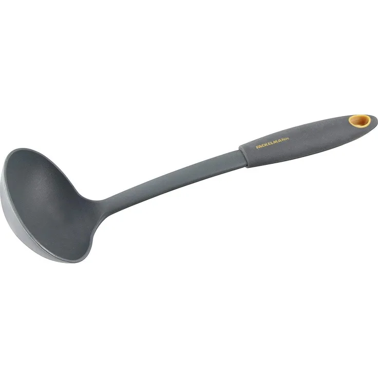 Fackelmann Schöpflöffel 30 cm SOFT, Küchenhelfer mit Funktionsteil aus Kunststoff, Schöpfkelle für beschichtete Töpfe und Pfannen (Farbe: Orange-Grau), Menge: 1 Stück