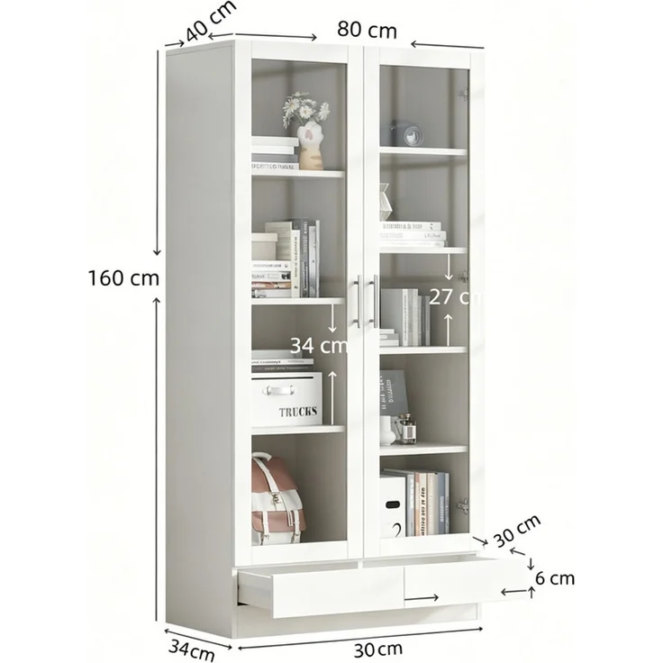 ZUBALIYA Aktenschränke, 80×40×160 cm, Hochschrank & Aufbewahrungsschrank mit 2 Schubladen, Weiß – Bild 7