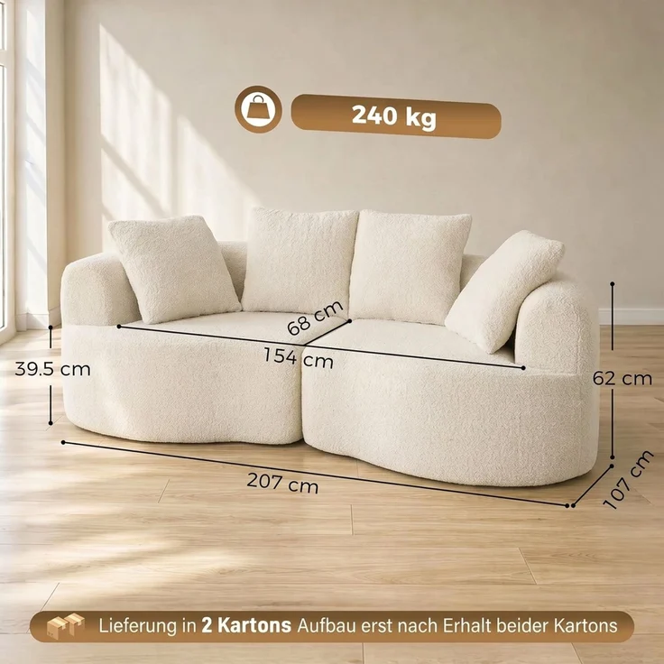 HOMCOM 3-Sitzer-Sofa, Polyester, Cremeweiß, 207 x 107 x 62 cm – Bild 3