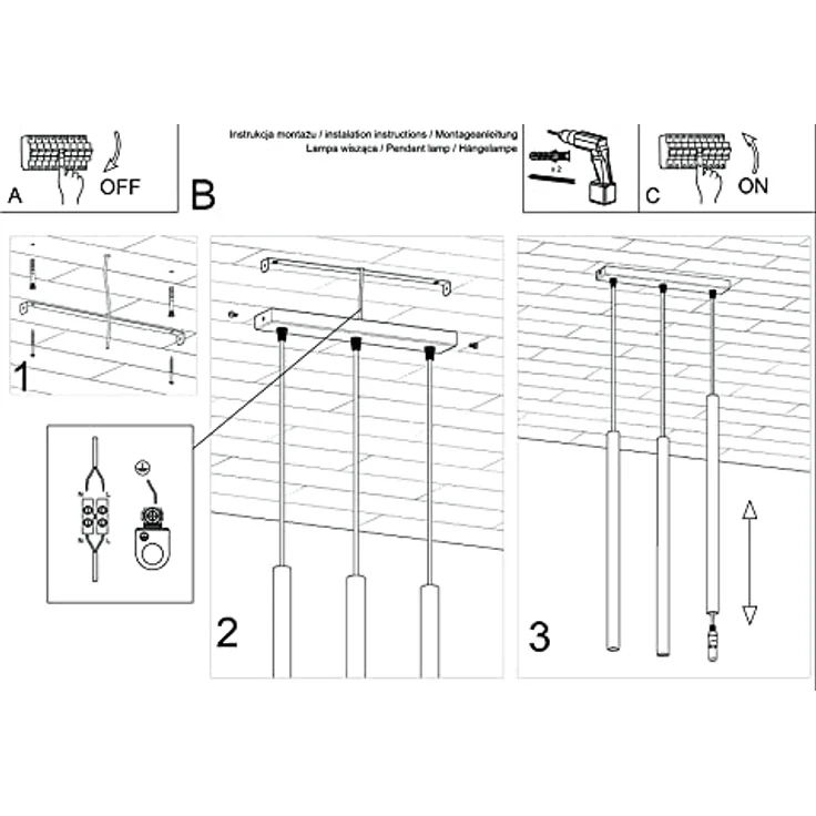 Sollux Pendelleuchte Pastelo 3L, moderne Holzleuchte mit 3 Lichtquellen, schlankem Rohrdesign, schwarz kabel – Bild 6