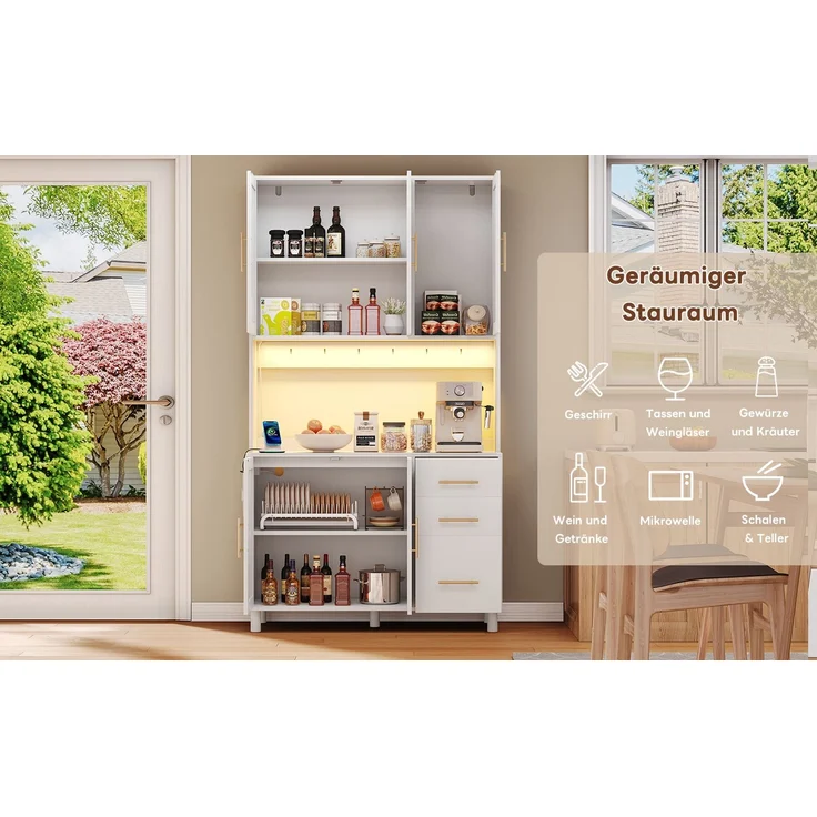 183cm Küchenanrichte, Buffet, App-gesteuerte LED-Deko-Lichter, 2 x USB, 2 x Steckdosen, verstellbare Einlegeböden, 3 Schubladen, goldene Metallgriffe, ideal für Küchen und Esszimmer. – Bild 8
