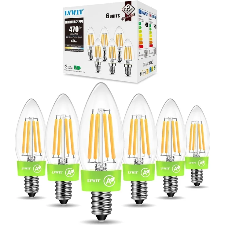 LVWIT 2.2W E14 LED Warmweiss A, Filament Lampe Glühfaden C35, 2700K Warmweiß, 470 Lumen Glühbirne, ersatz 40W, Rustikalampe Kerzenform, Nicht Dimmbar (6er Pack) Energieklasse A