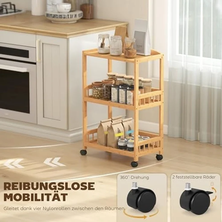 HOMCOM Küchenwagen Küchenrollwagen Allzweckwagen mit 3 Ebenen Stauraum, (Servierwagen, 1 St, Rollwagen), für Küche Bad Büro Wohnzimmer Naturholz – Bild 4