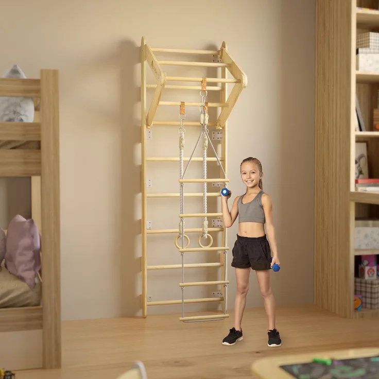 Juskys Sprossenwand für Kinder - mit Klimmzugstange, Indoor Klettergerüst mit Turnringen und Strickleiter, Kletterwand fürs Kinderzimmer, Turnstange