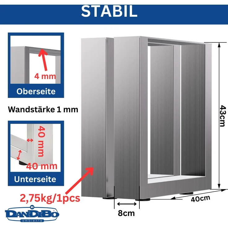 DanDiBo 2x Bankgestell Edelstahl 43 x 40 cm Bank Füße Bankbeine 96674 Bankkufen Couchtisch Tisch Beine Tischgestell – Bild 2