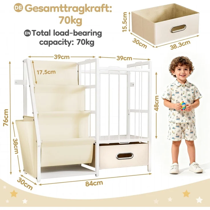 Yorbay Spielzeugtruhe 2 in 1 Bücherregal Kinderregal, Kinderzimmerregal mit Aufbewahrungsbox & Taschen, 84x30x76cm – Bild 3