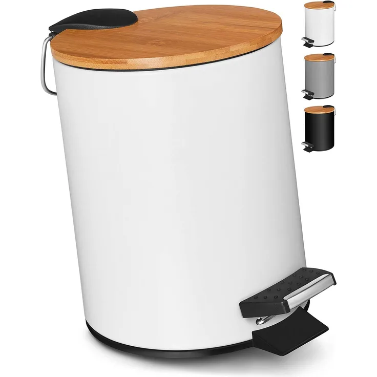 VMbathrooms 3L Kosmetikeimer in edlem weißem Design | Tretmülleimer mit Absenkautomatik (Soft Close) | Eleganter Eimer fürs Bad mit Innenbehälter und Bambus-Holzdeckel
