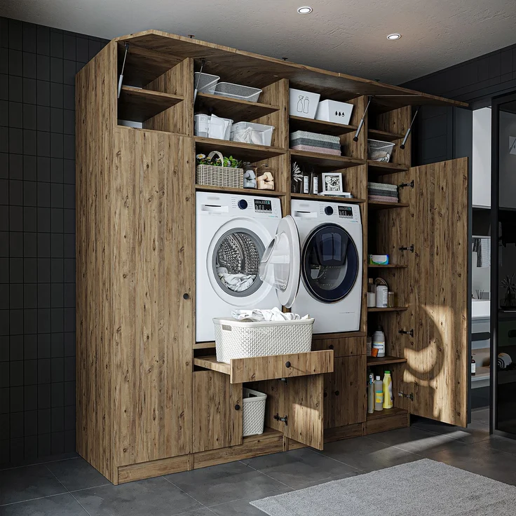 Roomart Waschmaschinenumbauschrank & Schrankwand für Waschküche - SERIE 1 - | 224 cm breit | Waschmaschine & Trockner | Mit Ausziehbrett | Hauswirtschaftsraum Möbel • Eiche – Bild 2