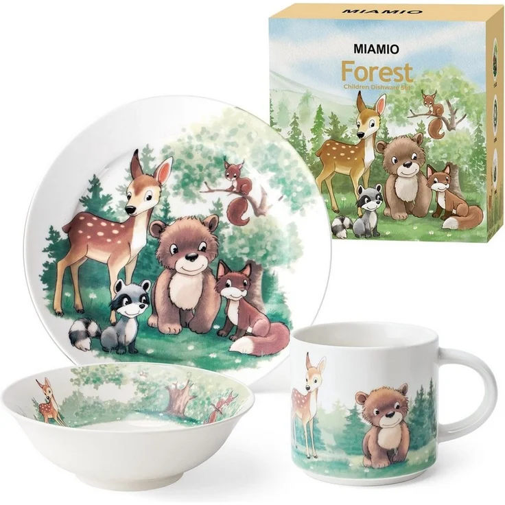 MiaMio Kindergeschirr-Set Wald Motiv Grün (3-tlg), 1 Personen, Keramik, Teller, Schüssel und Tasse mit Kindermotiv – Bild 1