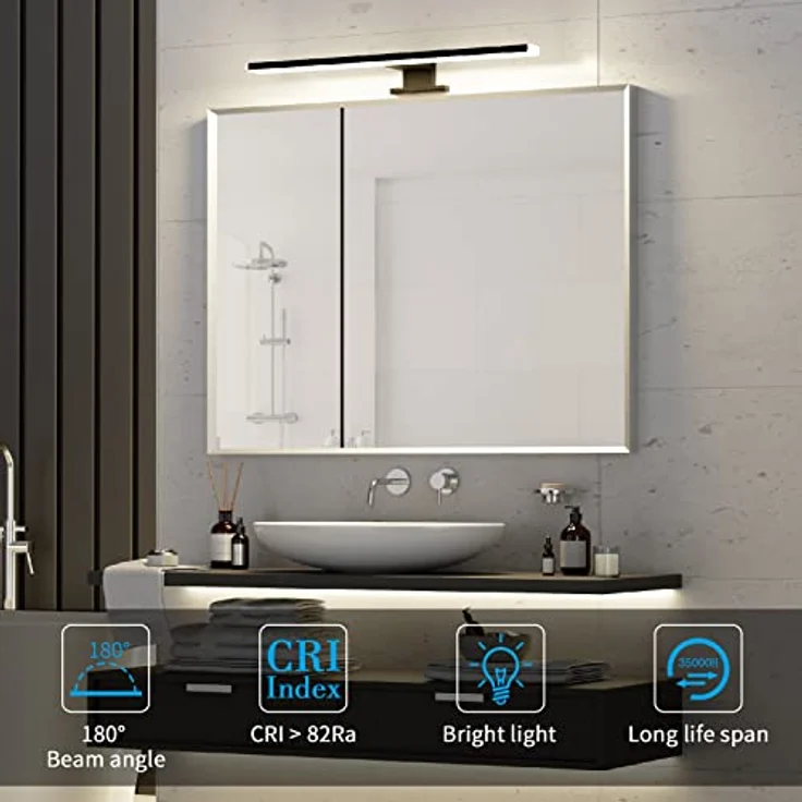 Aourow LED Spiegelleuchte Bad 10W,40cm 820lmn Spiegellampe Badezimmer,Neutralweiß 4000K IP44 Wasserdicht Badlampe Spiegel 230V Spiegelschrank Beleuchtung KLASSE II(Schwarz) – Bild 6