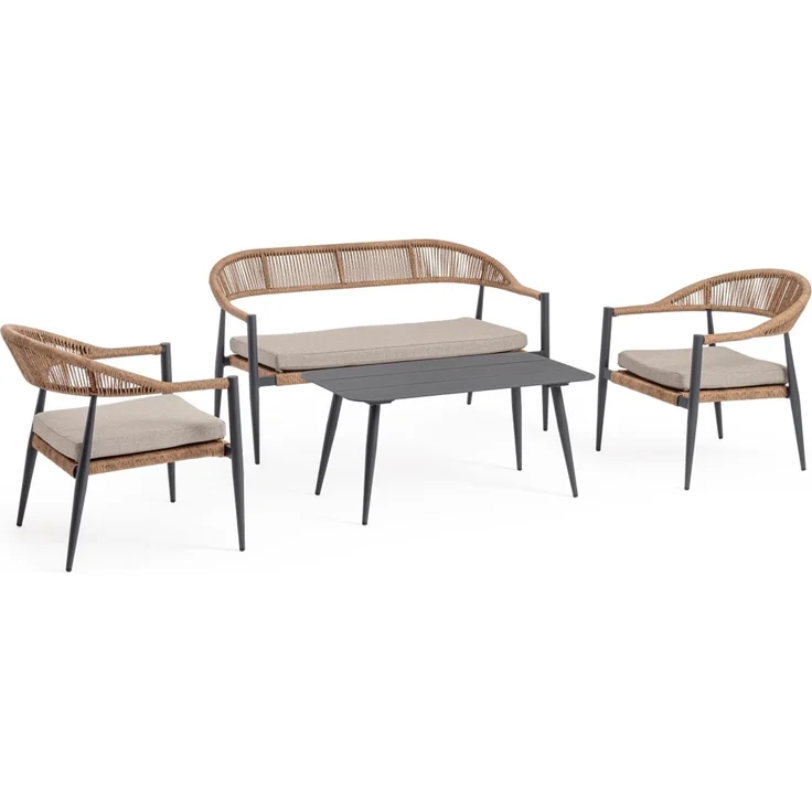Garten-Set Jandia Aluminium Rattan, modern skandinavisch, anthrazit natur, mit Kissen für 4 Personen – Bild 1