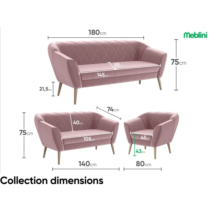 MEBLINI Sofa-Set GISELA 2+1 - Rosa Samt - für Wohnzimmer - Mini Lounge für drei Personen - Küchensofa - Sofa Klein - Sitzgarnitur - Polstergarnitur - Sofagarnituren – Bild 7