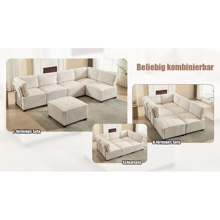 Modulares 6-Sitzer Sofa, ca. 308x154x82 cm, Beige Cord, mit Seitentaschen – Bild 6
