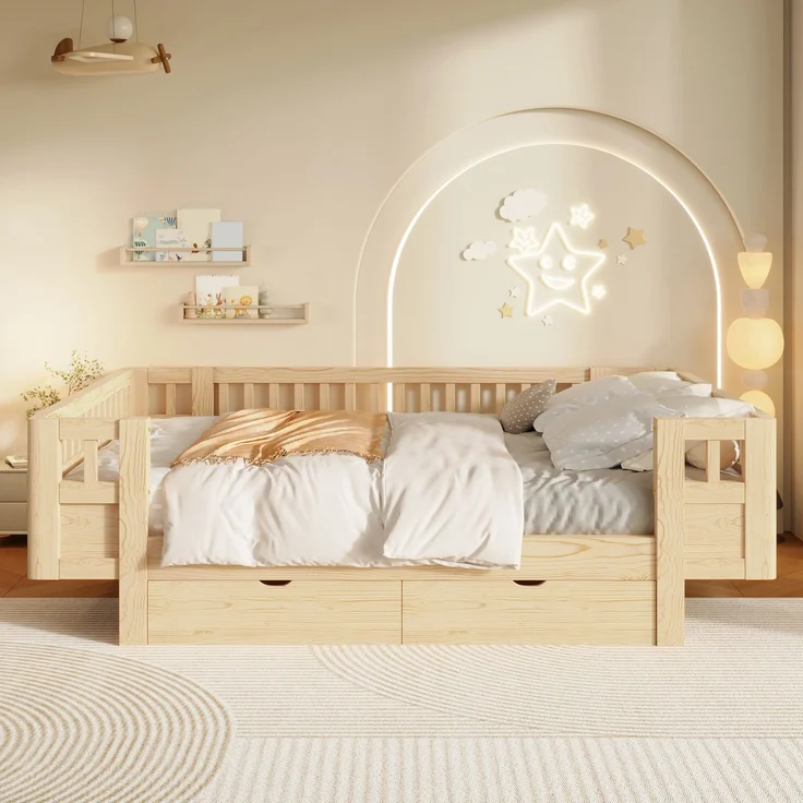 Merax Hochbett 140x200 Kinderbett, mit hohem Schutzgitter & zwei großen Schubladen, Holzfarbe – Bild 3